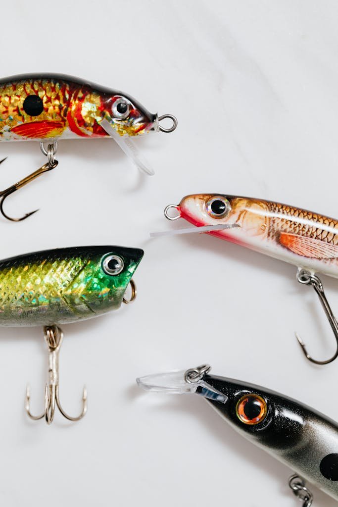 A close-up of vibrant fishing lures on a clean white surface, ideal for hobbyists.